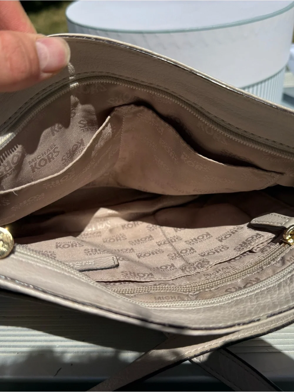 Michael Kors Pebbled Leather Crossbody in Light Taupe with Gold Hardware
